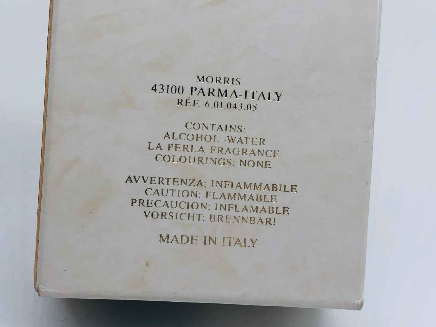 Scatola del profumo Body Silk La Perla con avvertenze e indicazioni sulla composizione