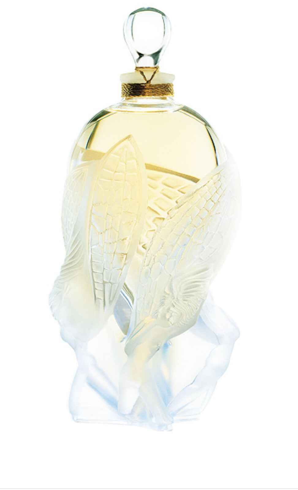 Flacone di profumo Lalique Les Elfes con design elegante e dettagli intricati in vetro trasparente