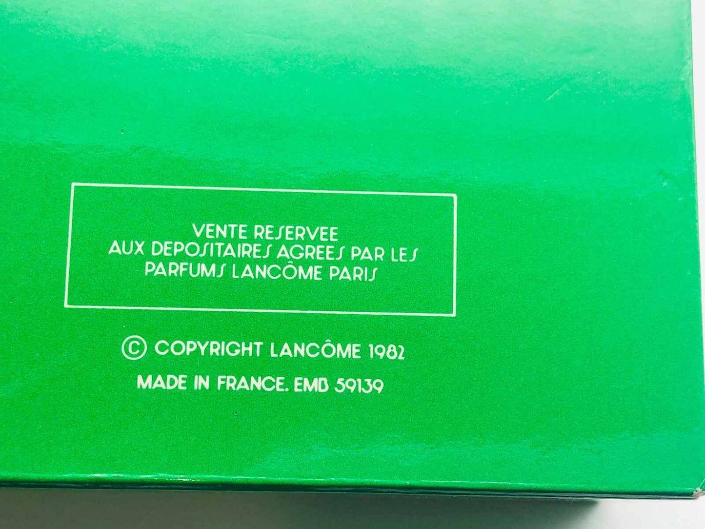 Scatola verde vintage per profumo Trophee Lancome Vintage con etichetta di copyright del 1982