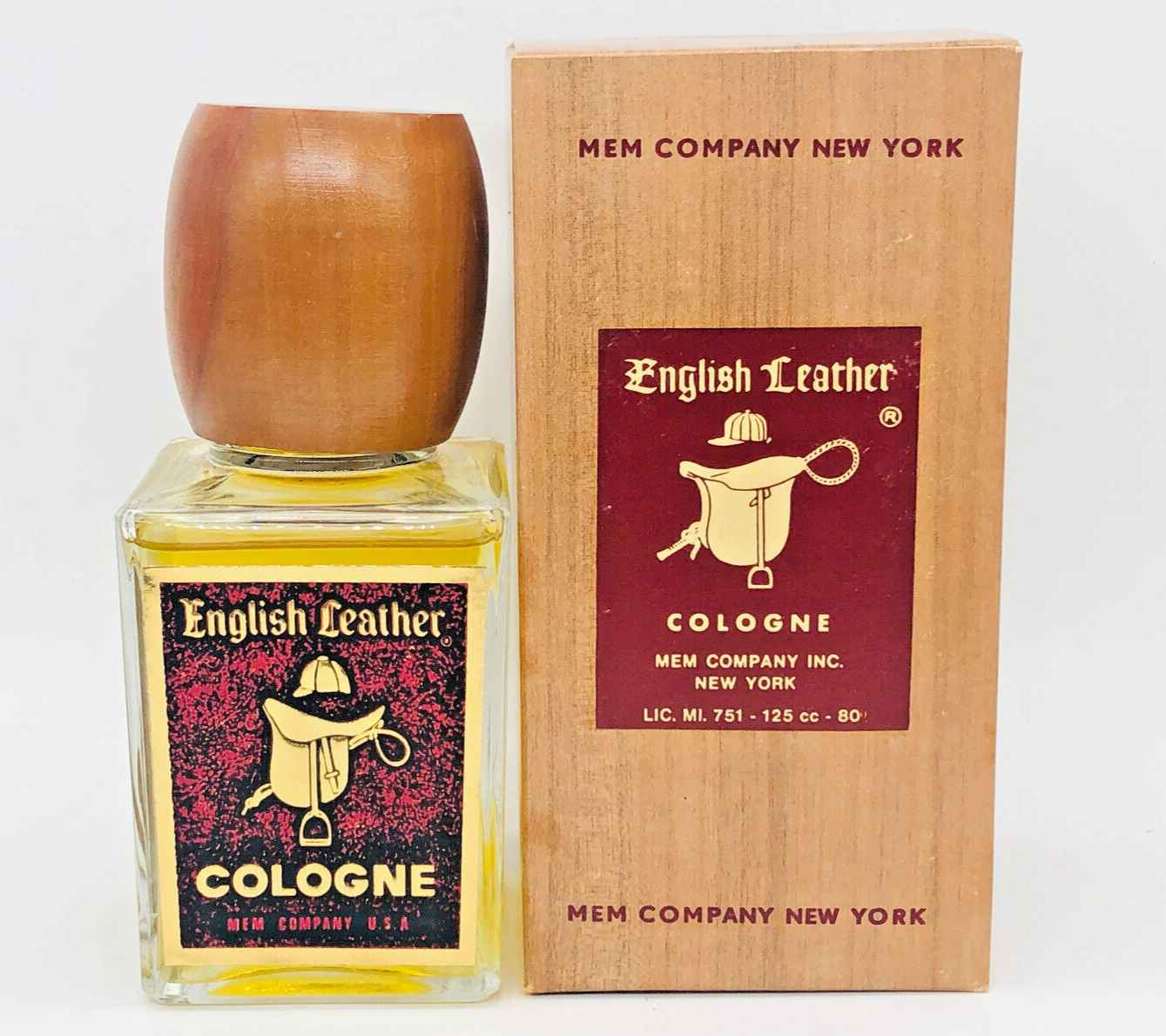 Profumo English Leather di Mem Company in bottiglia con tappo di legno e confezione elegante