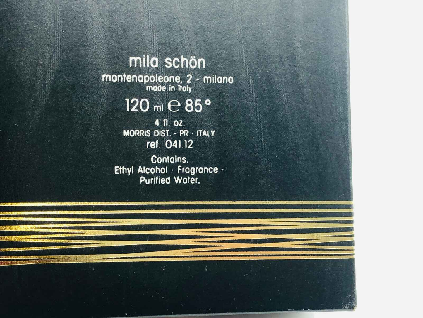 Scatola del profumo Mila Schon Haute Couture Vintage da 120 ml con dettagli eleganti e design italiano