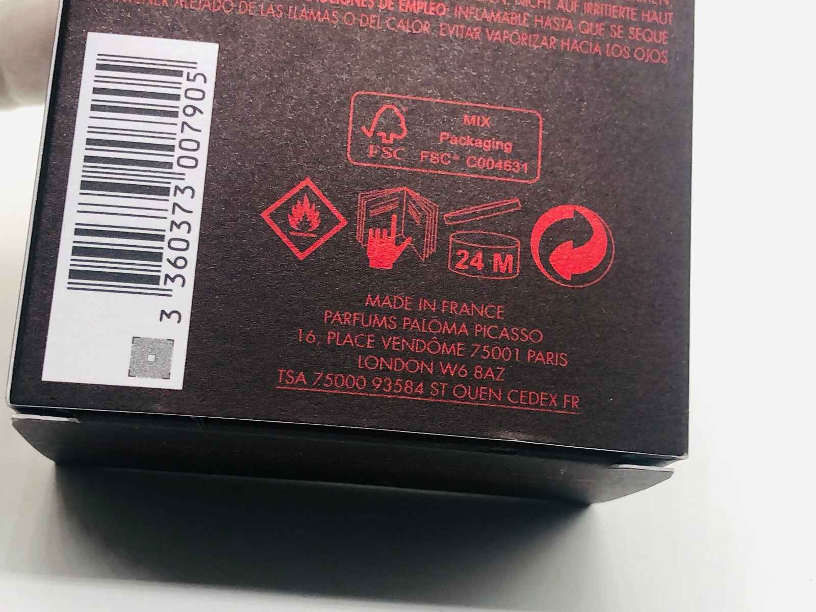 Scatola del profumo Minotaure Paloma Picasso Vintage con dettagli di packaging e informazioni sul produttore