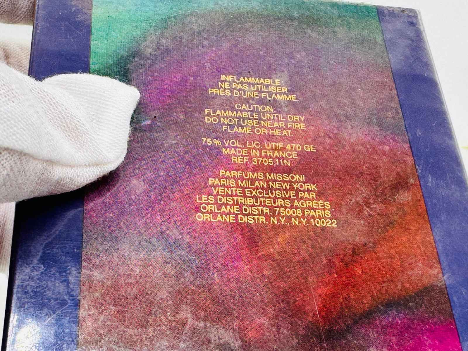 Missoni Olympios Vintage profumo in confezione colorata con avvertimenti sulle precauzioni d'uso