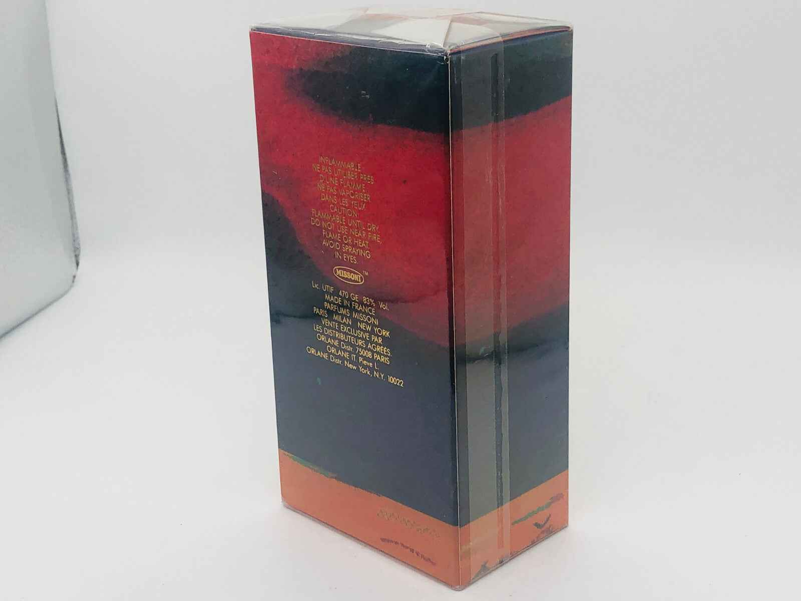 Scatola del profumo Molto Missoni Vintage con design colorato e descrizione sul retro