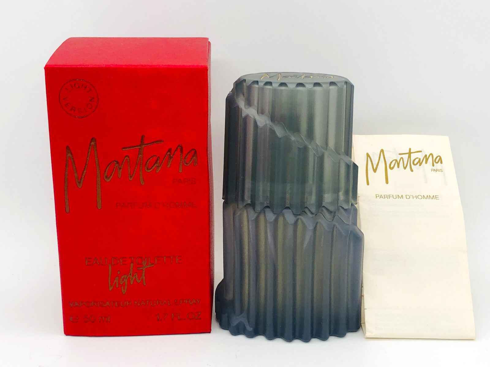 Profumo vintage MONTANA in bottiglia grigia con confezione rossa e foglietto informativo