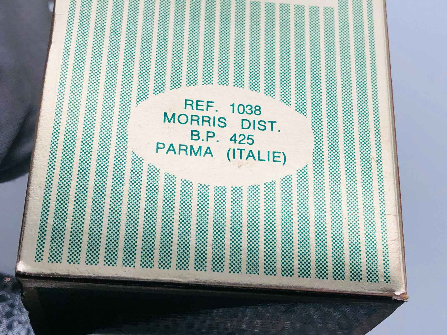 Scatola vintage di Morriselle Morris Vintage con dettagli in verde e riferimento di distribuzione