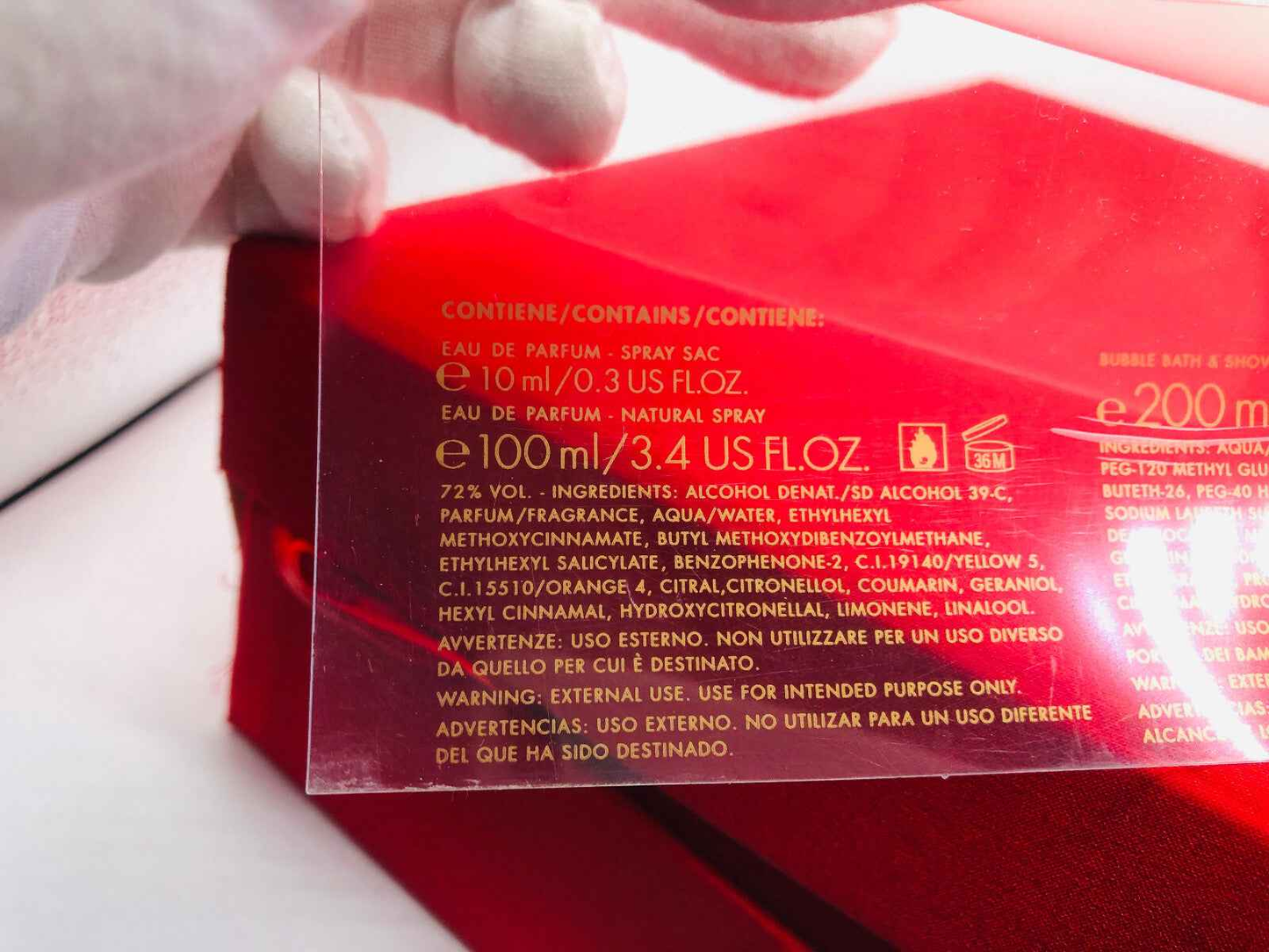 Flacone di profumo Moschino Couture Vintage da 100 ml con etichetta ingredienti dettagliata