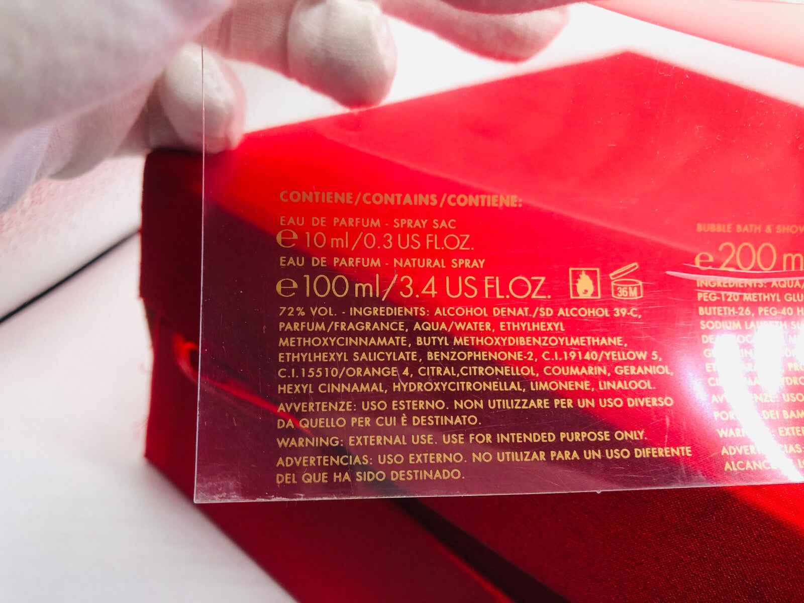 Flacone di profumo Moschino Couture Vintage da 100 ml con etichetta ingredienti dettagliata