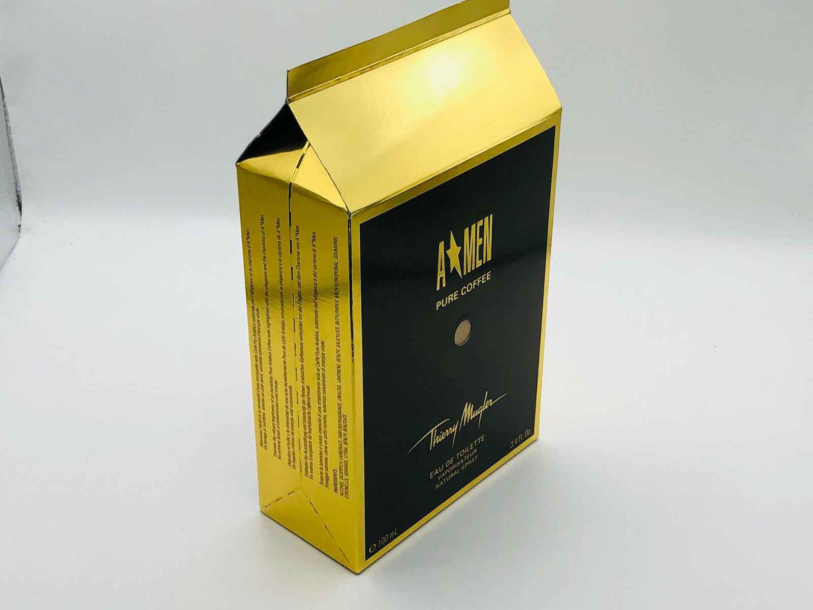 Scatola di Profumo Vintage Mugler A Men in oro e nero con design elegante