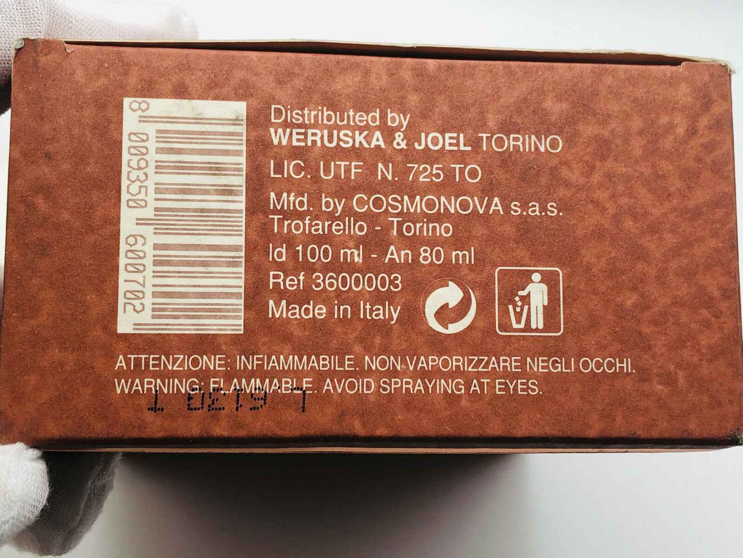 Scatola del profumo Vintage Nazareno Gabrielli con dettagli di distribuzione e avvertenze in italiano