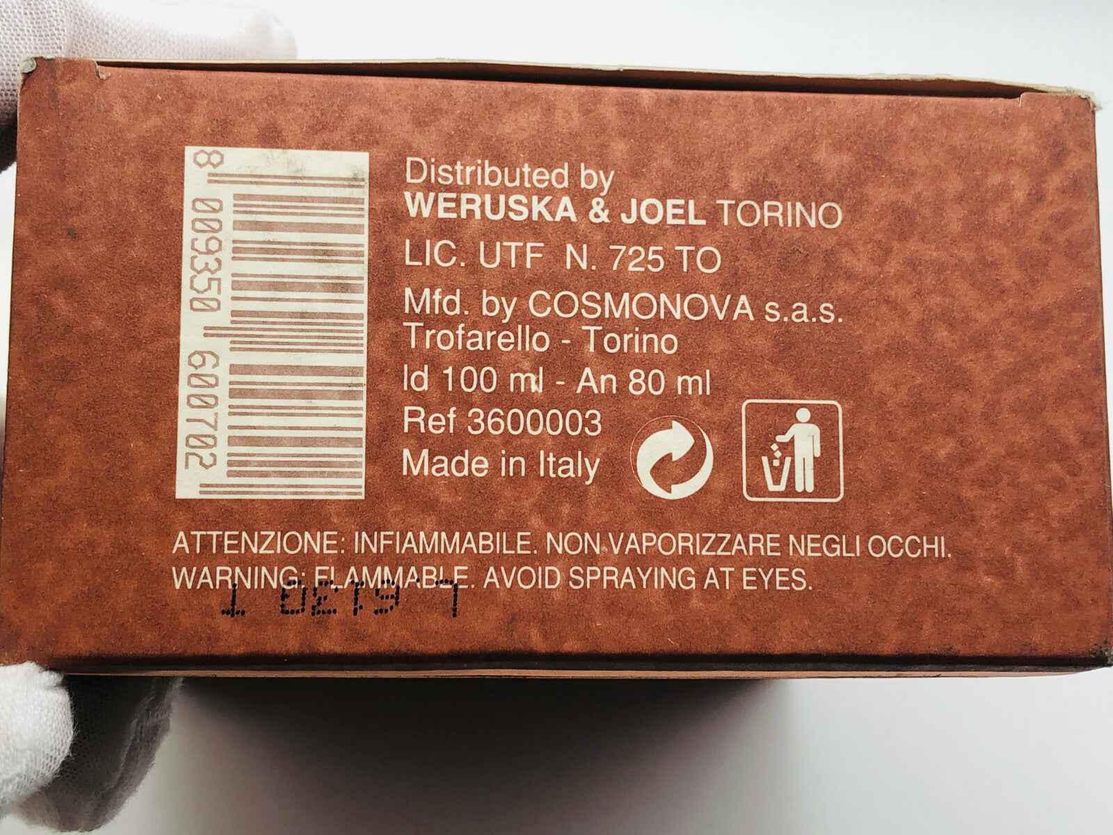 Scatola del profumo Vintage Nazareno Gabrielli con dettagli di distribuzione e avvertenze in italiano