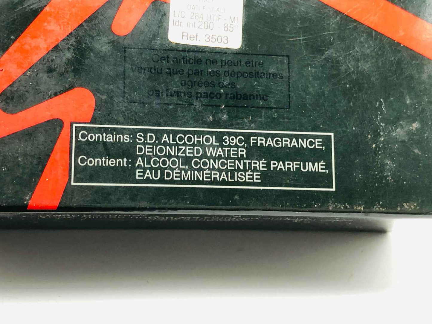 Etichetta del profumo Tenere Paco Rabanne con ingredienti e informazioni sulla fragranza