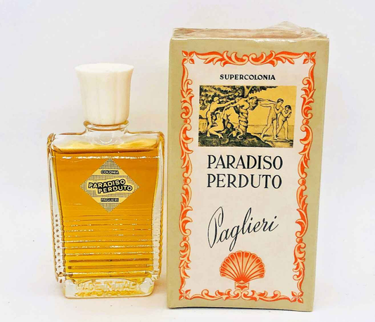 Profumo Paglieri Paradiso Perduto, elegante bottiglia con tappo bianco e confezione decorativa.