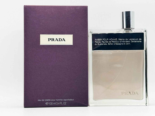 Profumo Prada Amber Pour Homme in flacone trasparente con scatola viola elegante da 100 ml