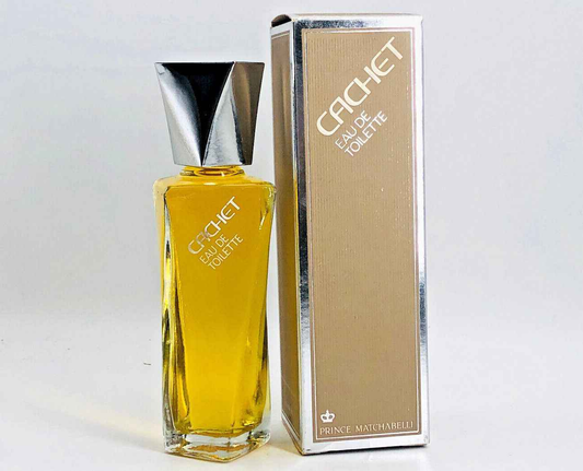 Flacone di profumo Prince Matchabelli Cachet in vetro con tappo elegante e scatola in cartone