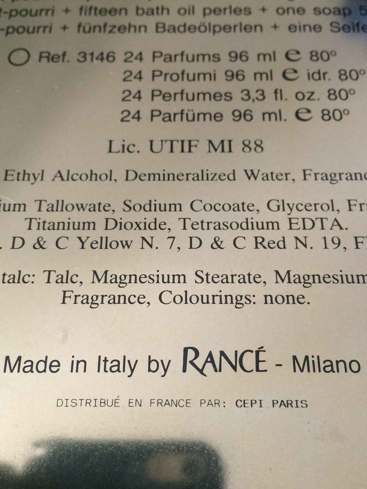 Etichetta di profumi Rance con ingredienti e dettagli del prodotto, Made in Italy