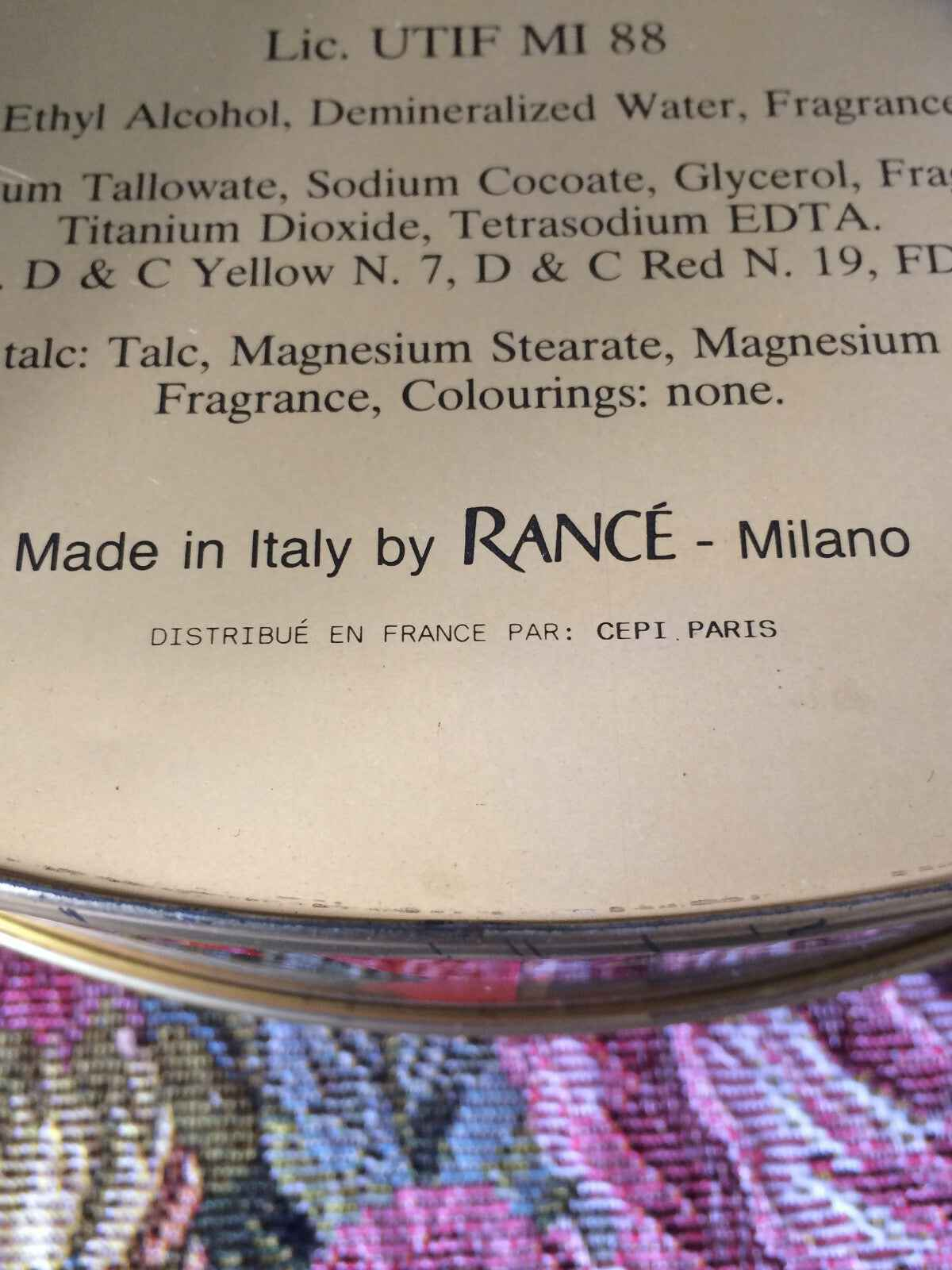 Etichetta profumo Rance con dettagli sulla produzione e le informazioni sugli ingredienti in italiano