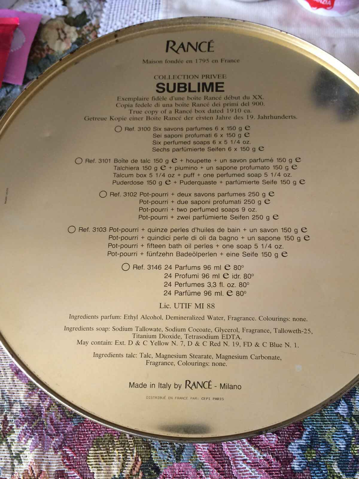 Etichetta di un profumo Rance con dettagli della collezione Sublime e ingredienti