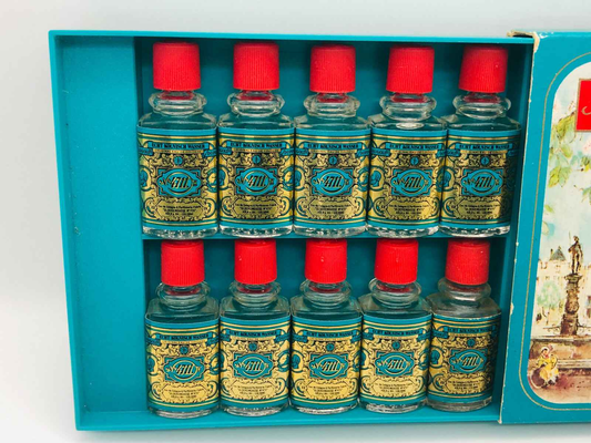 Set di 10 flaconi di Profumo 4711 Vintage con tappi rossi in una confezione azzurra