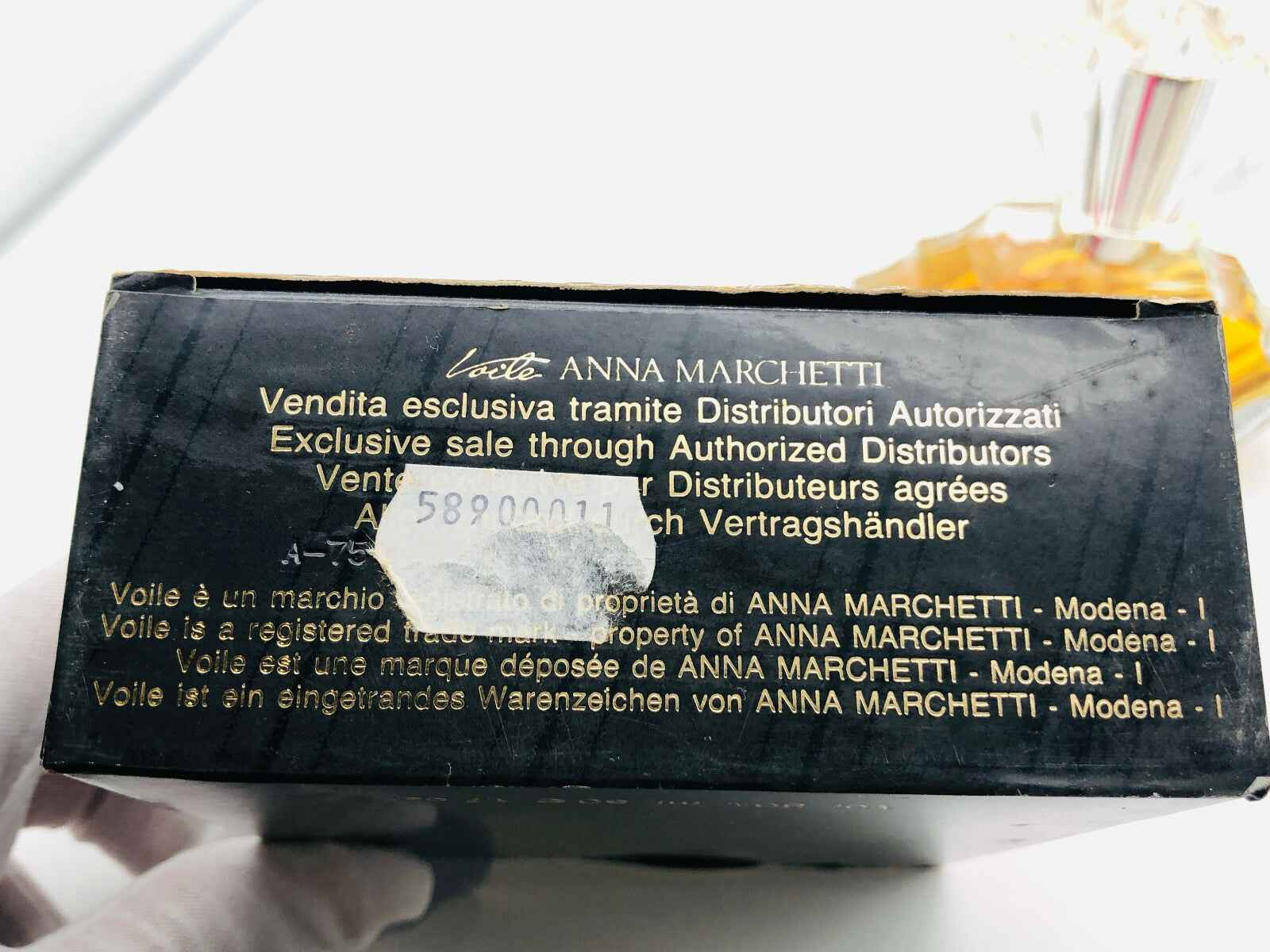 Scatola del profumo Anna Marchetti Voile con dettagli di vendita e marchio registrato