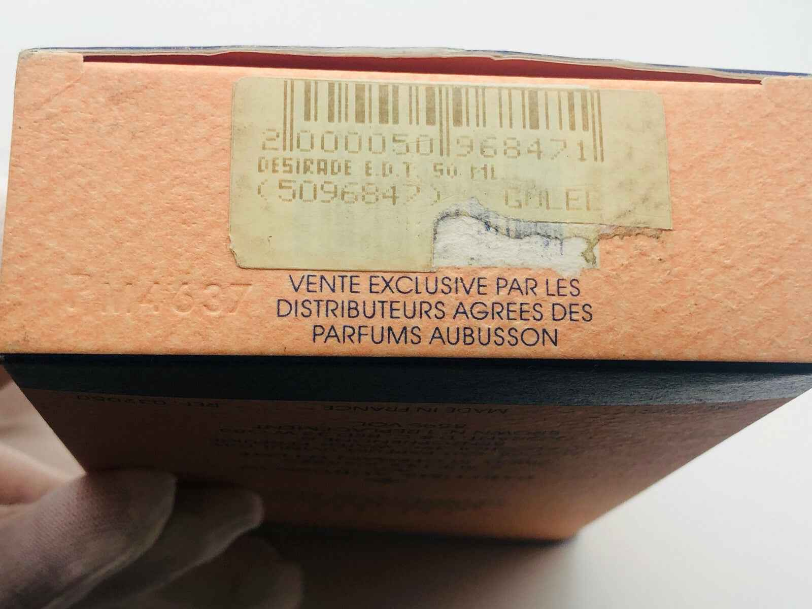 Scatola di profumo Aubusson Desirade Vintage con etichetta e codici a barre sul retro