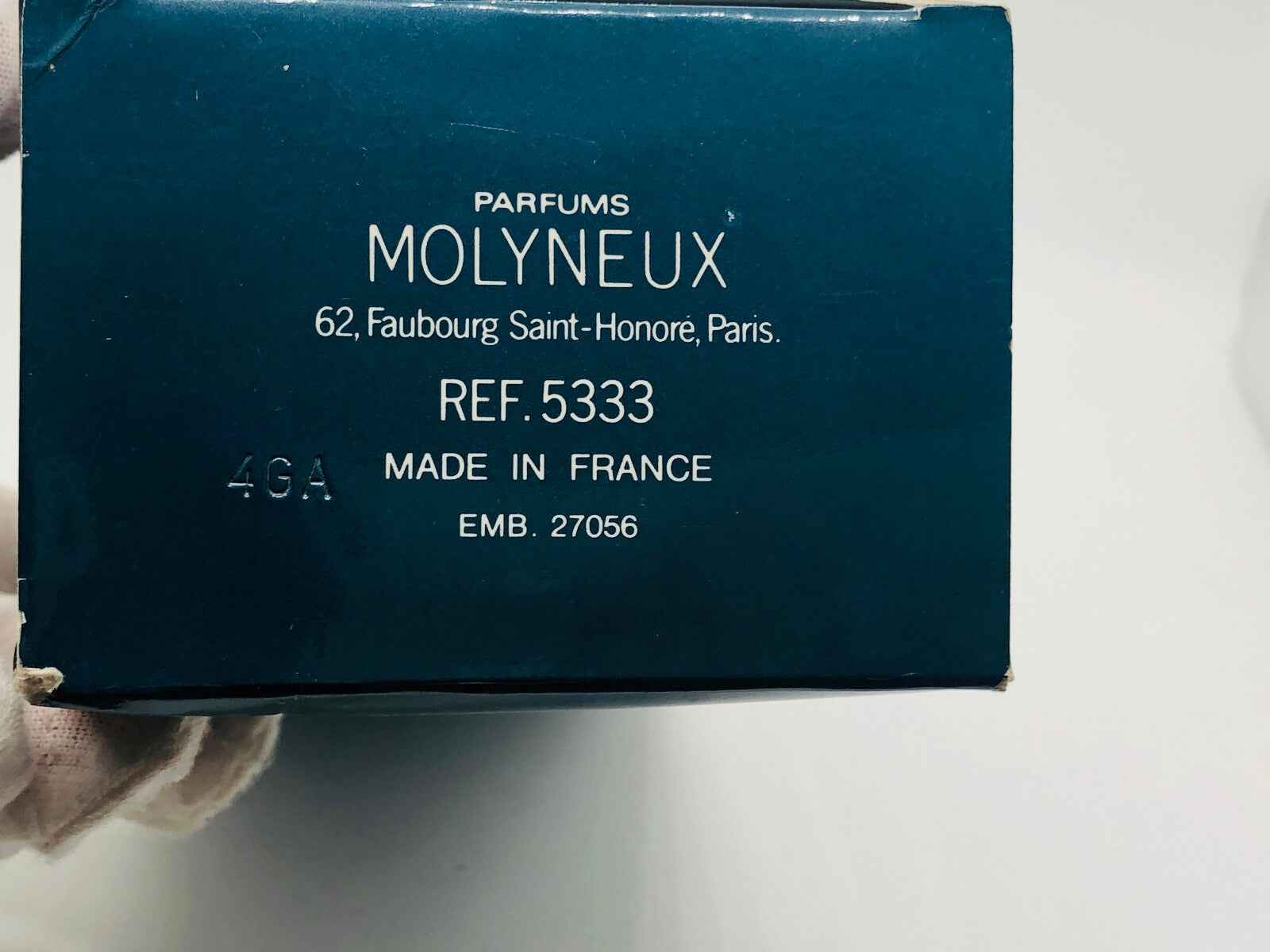 Scatola del profumo Captain Molyneux Vintage con etichetta e dettagli di produzione in Francia