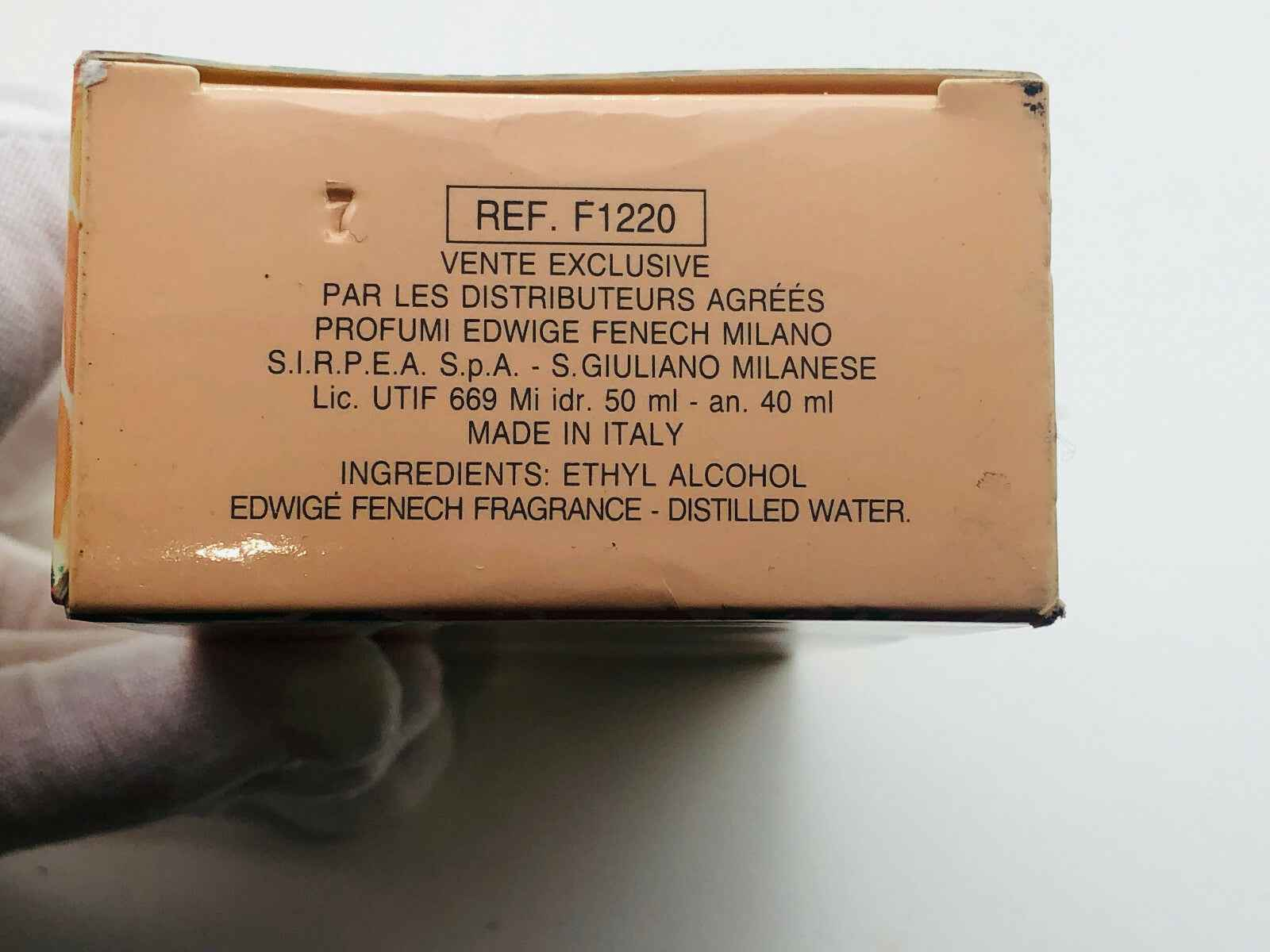 Scatola del Profumo Edwige Fenech Vintage con ingredienti e informazioni sulla provenienza, prodotta in Italia