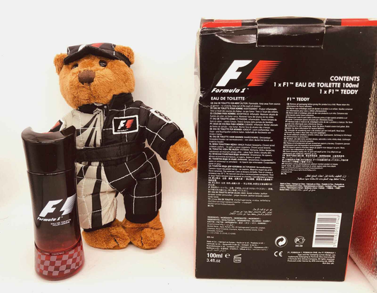 Profumo F1 Formula 1 in flacone da 100ml accanto a un orsetto di peluche con tuta da corsa.
