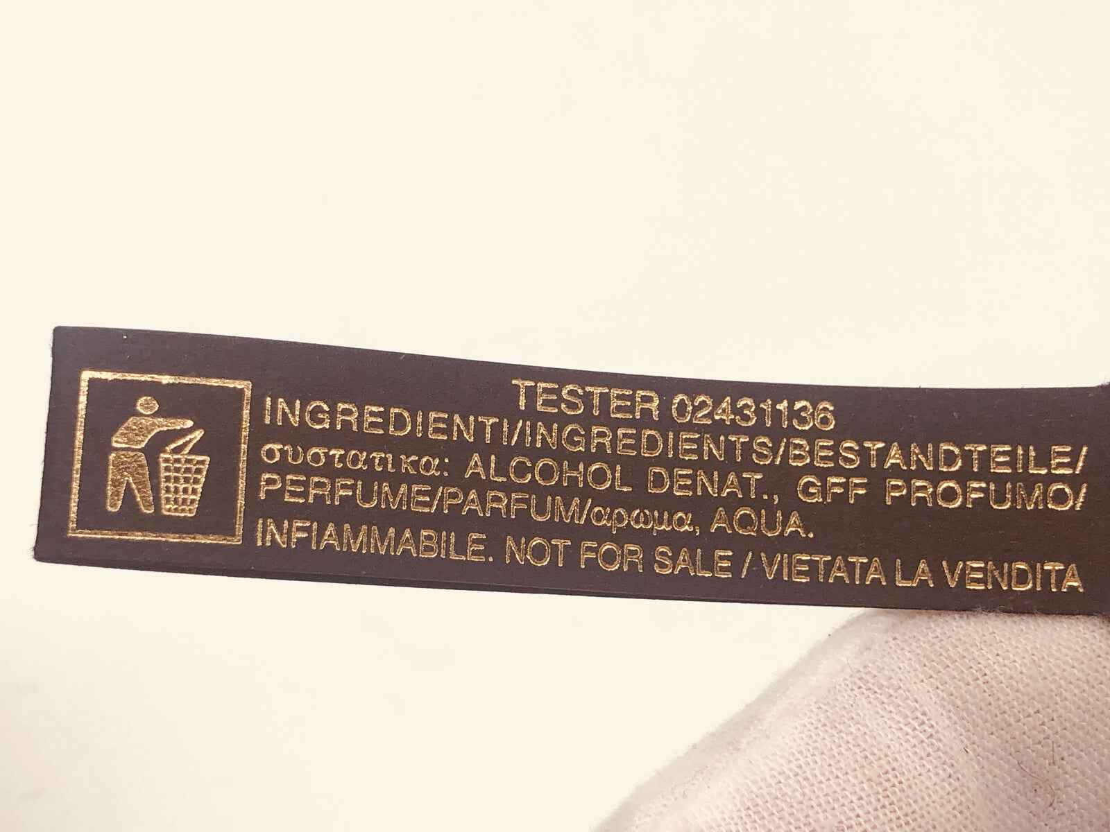 Etichetta del tester del profumo Ferre By Ferre Vintage con ingredienti e avvisi di sicurezza