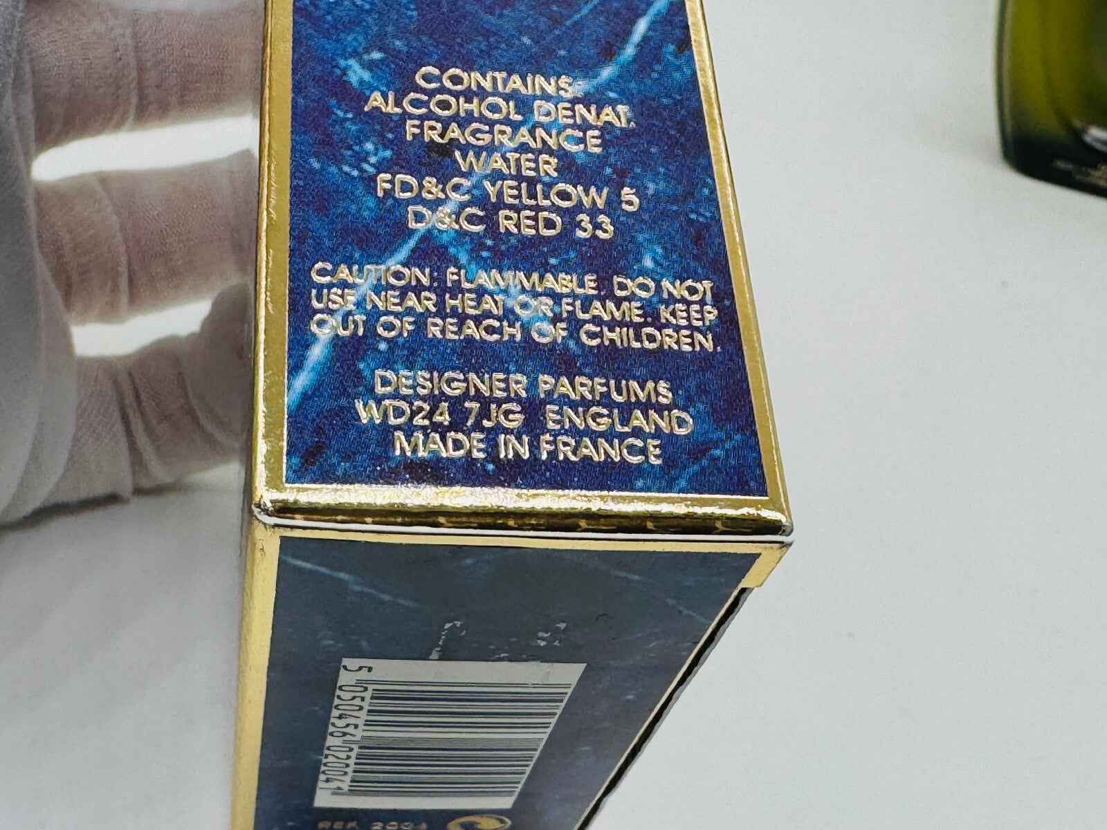 Scatola profumo Francesco Smalto Vintage con dettagli ingredienti in oro e blu