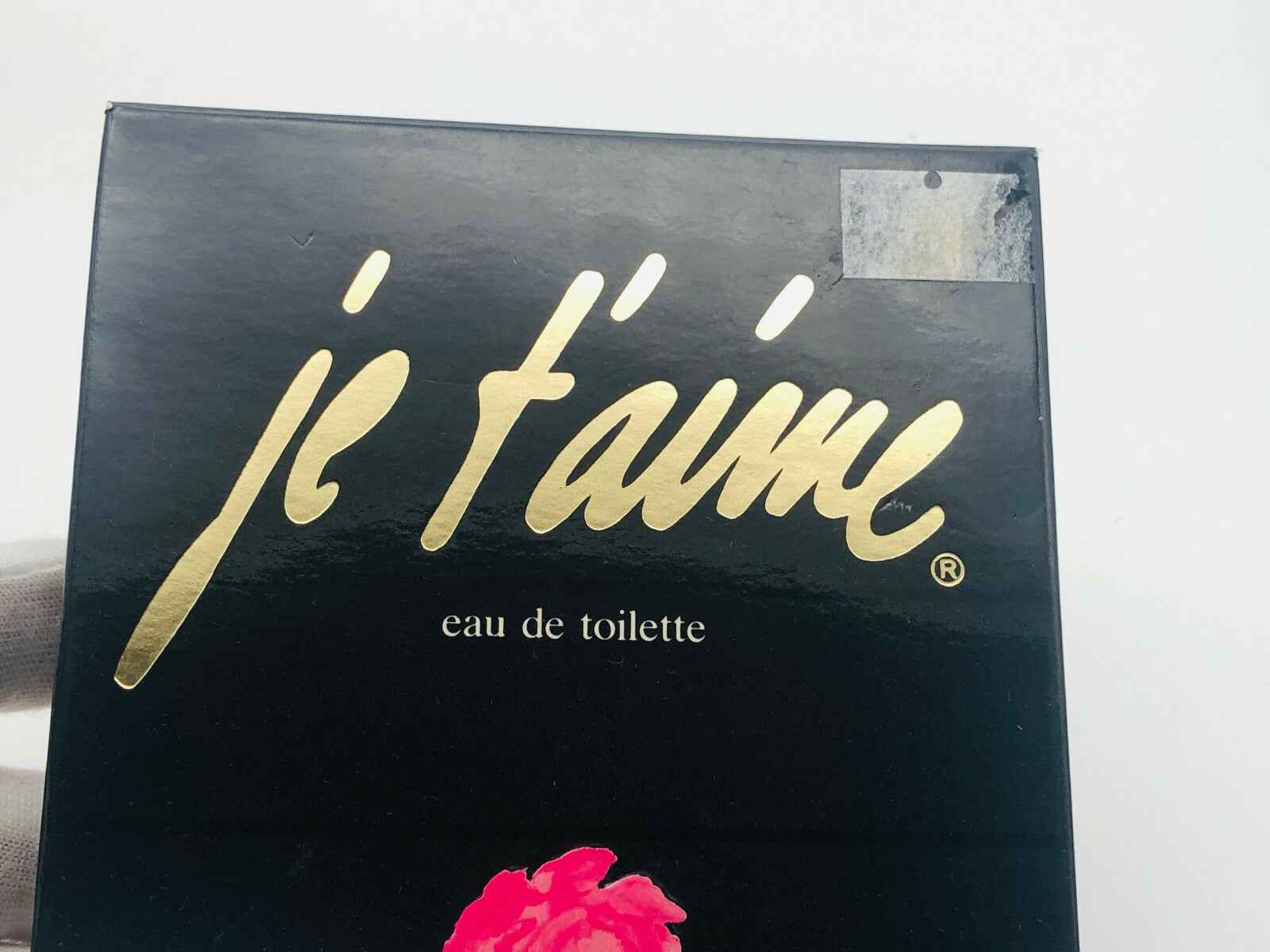 Scatola del Profumo Je T Aime Vintage in nero con scritta dorata e rose rosse sul design