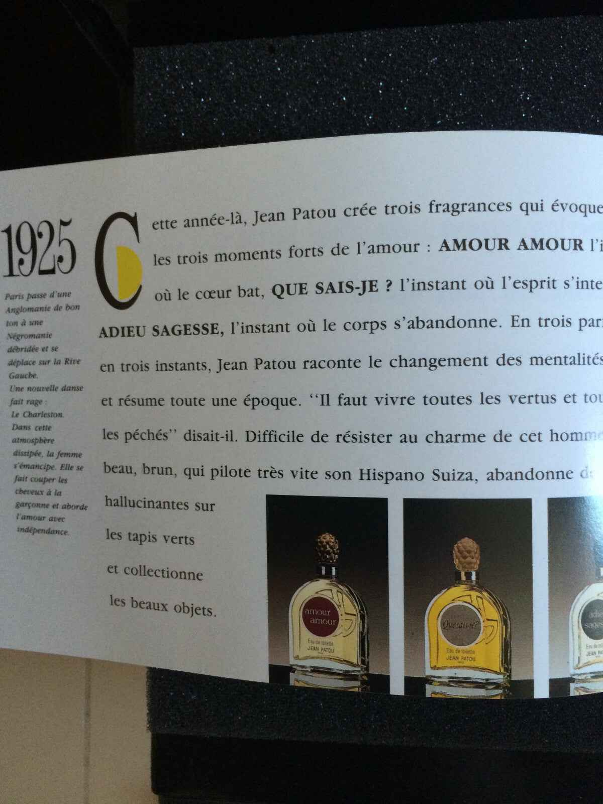 Pagina del 1925 che descrive il profumo Jean Patou e la sua storia innovativa
