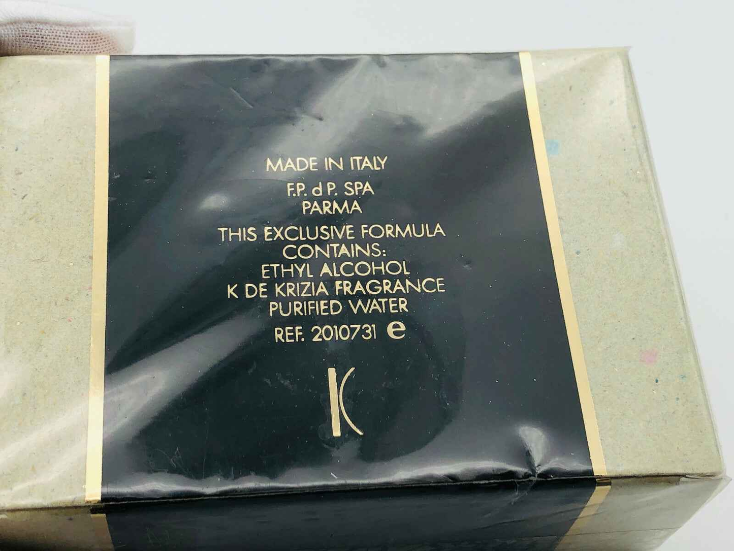 Scatola del profumo K Krizia Vintage con ingredienti e dettagli di produzione in italiano