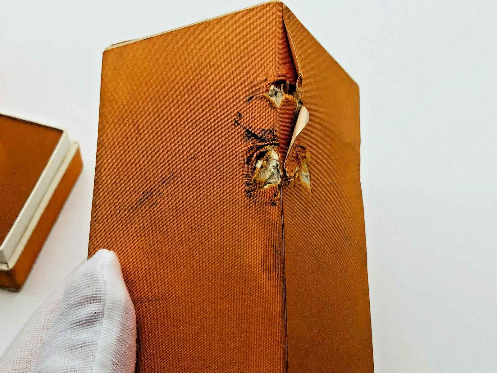 Scatola danneggiata del profumo Parce Que Roberto Capucci con segni visibili di usura