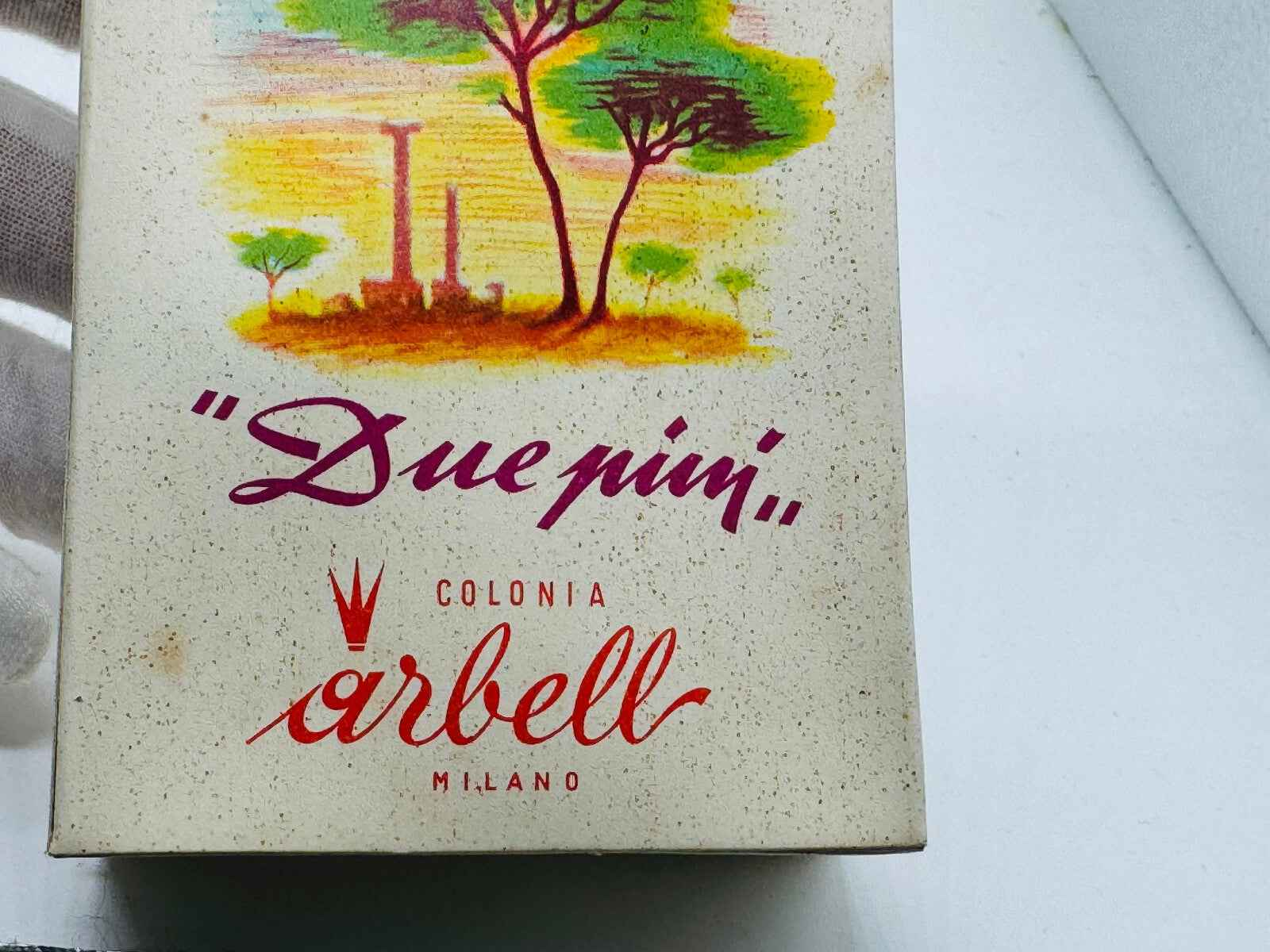 Scatola del profumo Pino Arbell con design vintage e illustrazione di paesaggio naturale