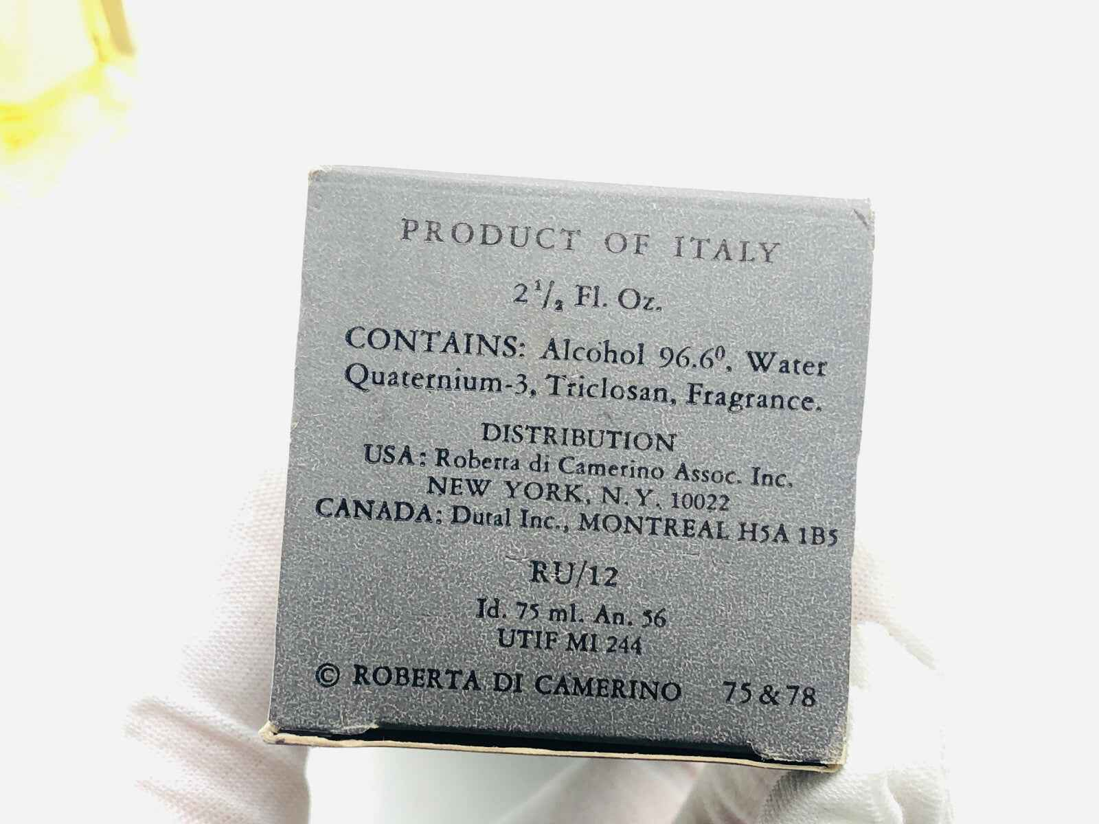 Confezione di profumo Roberta Di Camerino Vintage da 75 ml con ingredienti e dettagli del prodotto