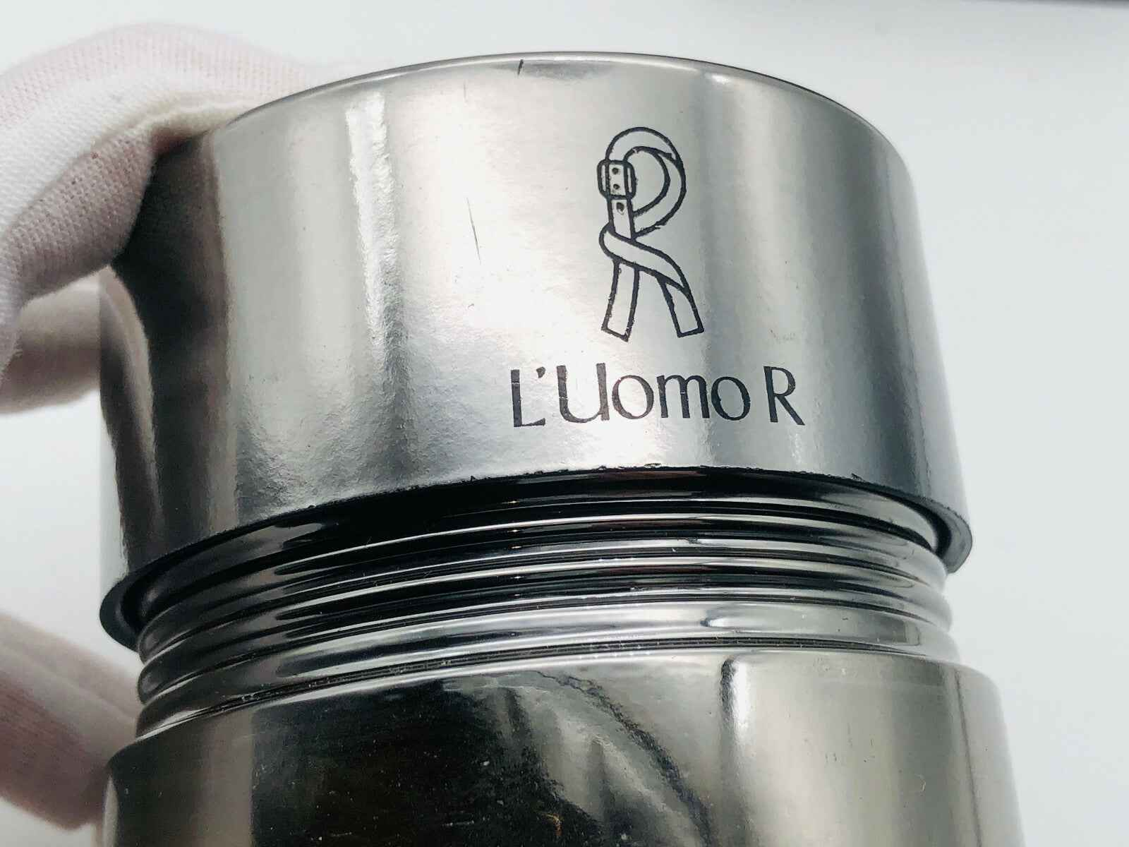 Flacone di profumo Roberta Di Camerino Vintage con logo L'Uomo R in metallo lucido