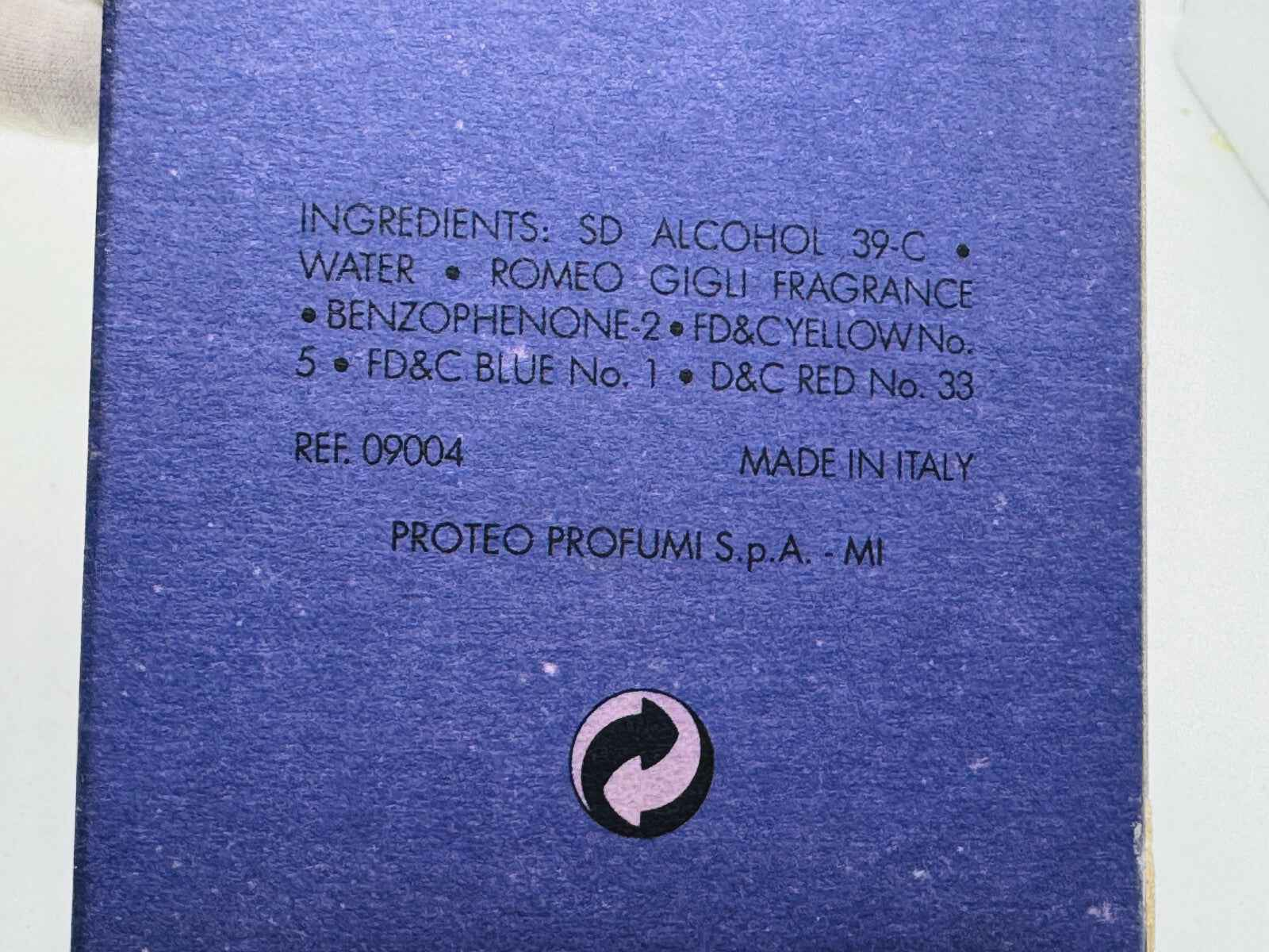 Scatola di profumo Romeo Gigli Uomo Vintage con ingredienti e informazioni di produzione in italiano