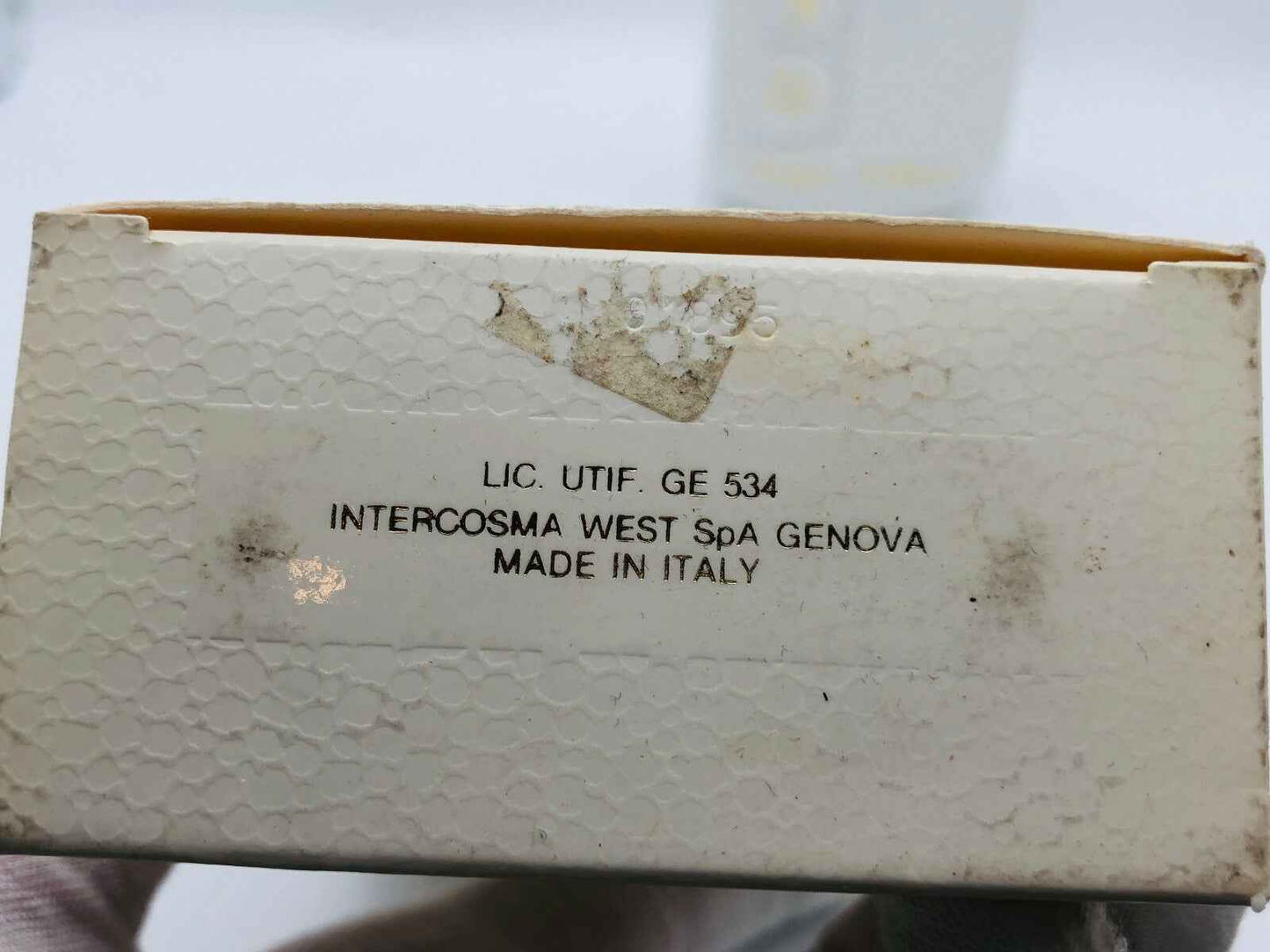 Scatola del profumo Sergio Soldano con etichetta di origine italiana, prodotta da Intercosma West Spa