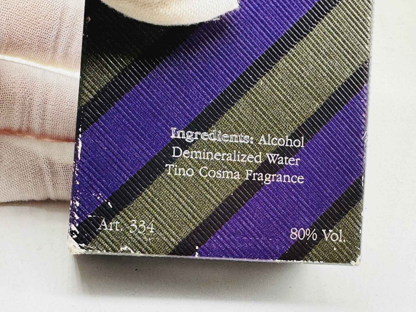 Retro della confezione del profumo Tino Cosma Vintage con ingredienti e informazioni sul prodotto