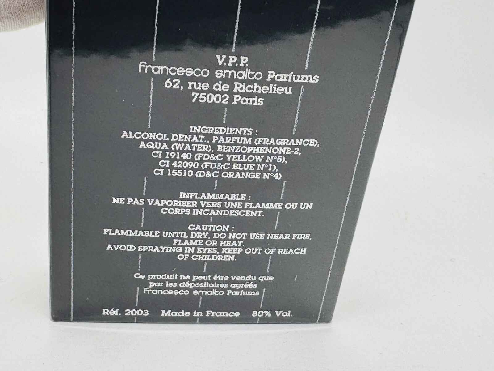 Retro dell'etichetta del Profumo Vintage Francesco Smalto con ingredienti e avvertenze di sicurezza