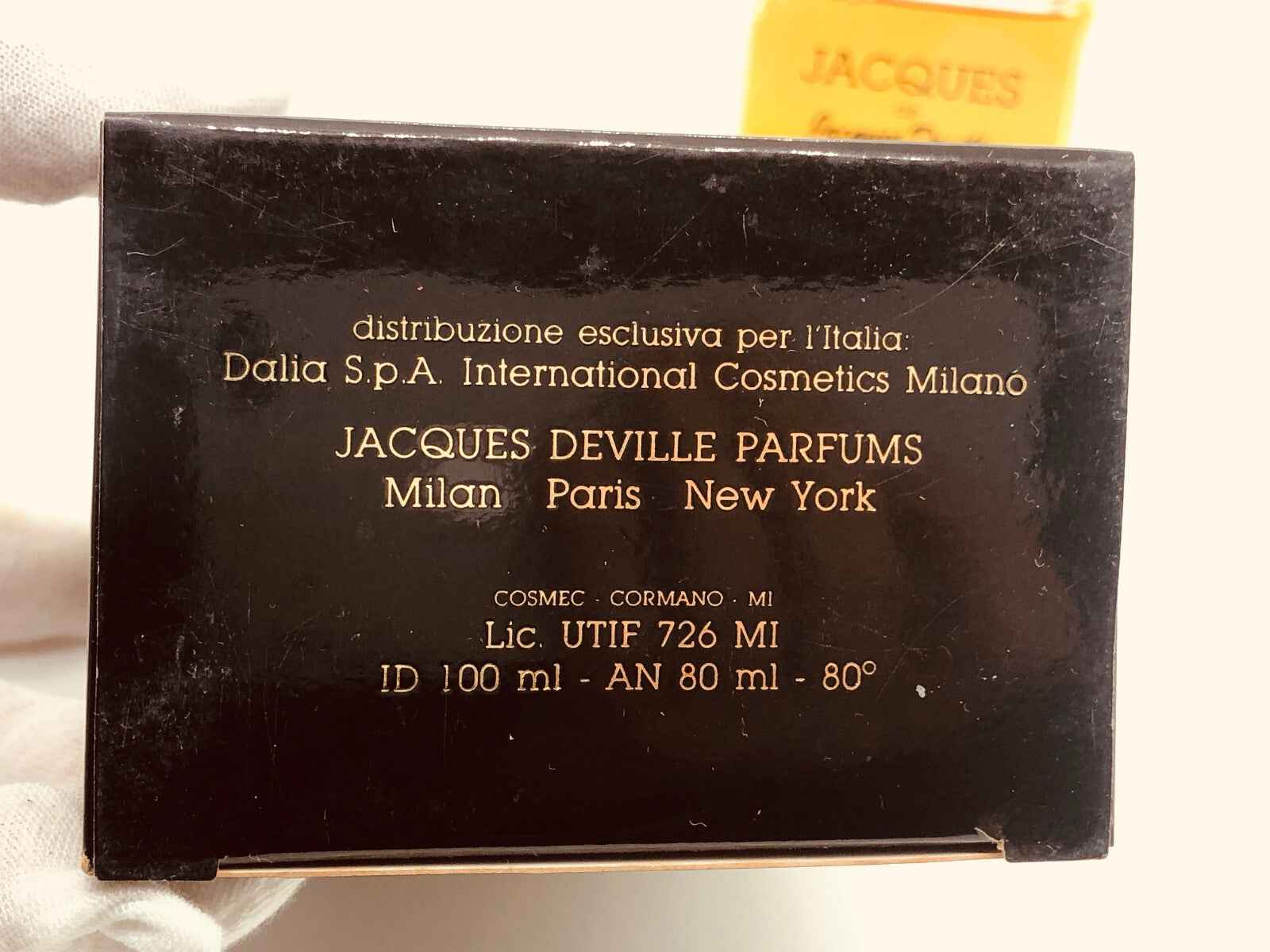 Scatola del Profumo Vintage Jacques Deville con dettagli su distribuzione e volume 100 ml