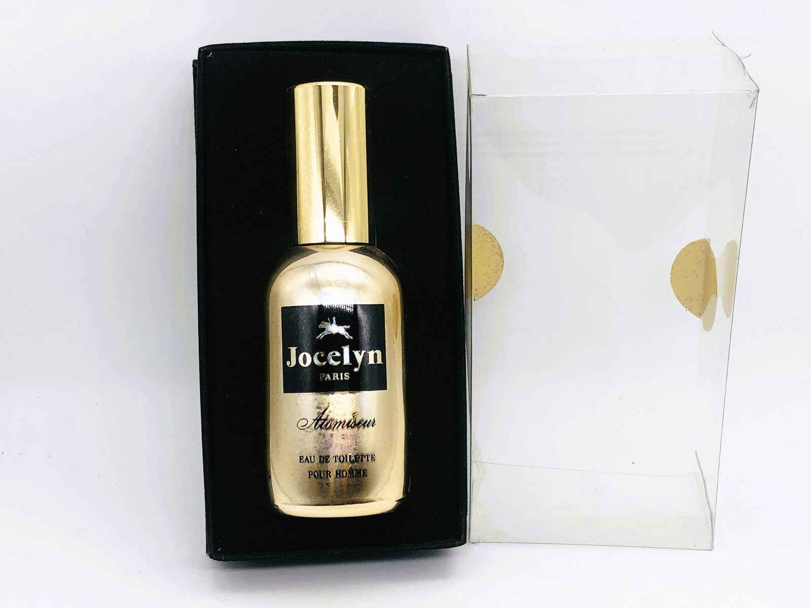 Flacone di profumo vintage Jocelyn Pour Homme con astuccio elegante e bottiglia dorata
