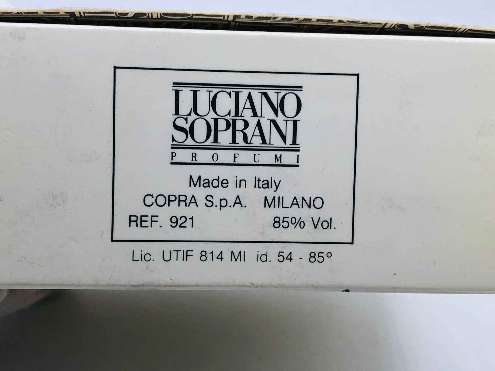 Scatola del profumo Vintage Luciano Soprani, realizzata in Italia, con specifiche dettagliate
