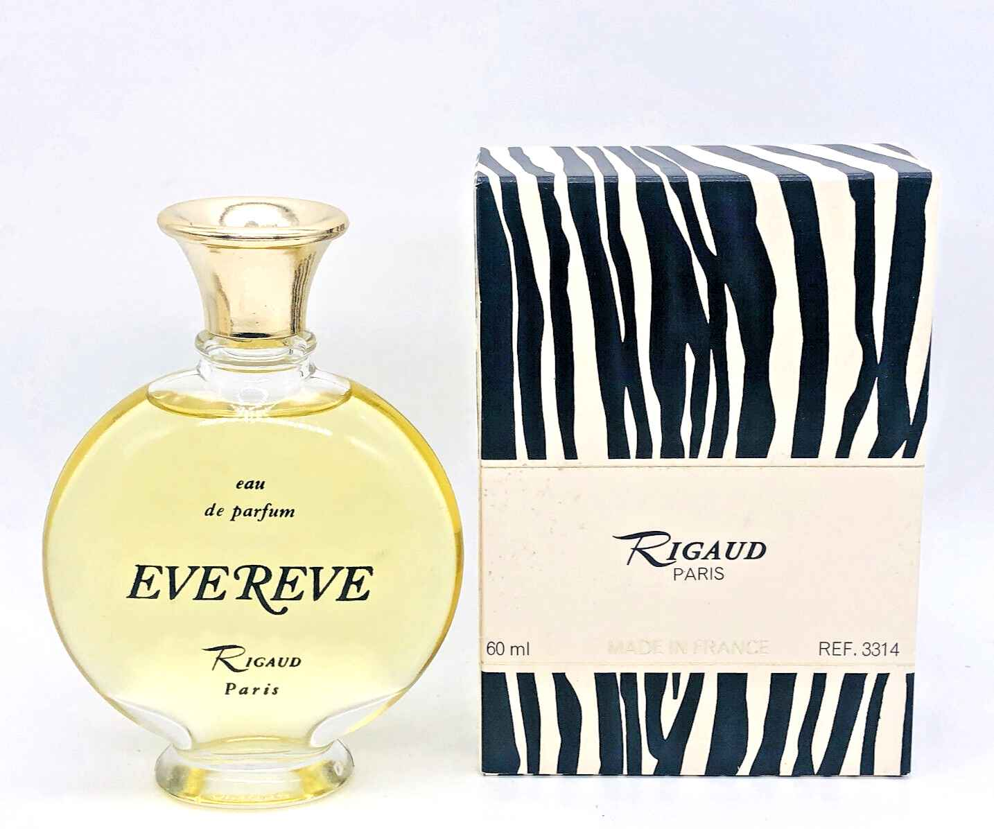 Profumo Rigaud Evereve Vintage in bottiglia di vetro con scatola a strisce in bianco e nero