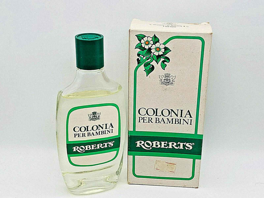 Profumo Roberts Colonia Bambini in flacone con etichetta verde e bianca per bambini