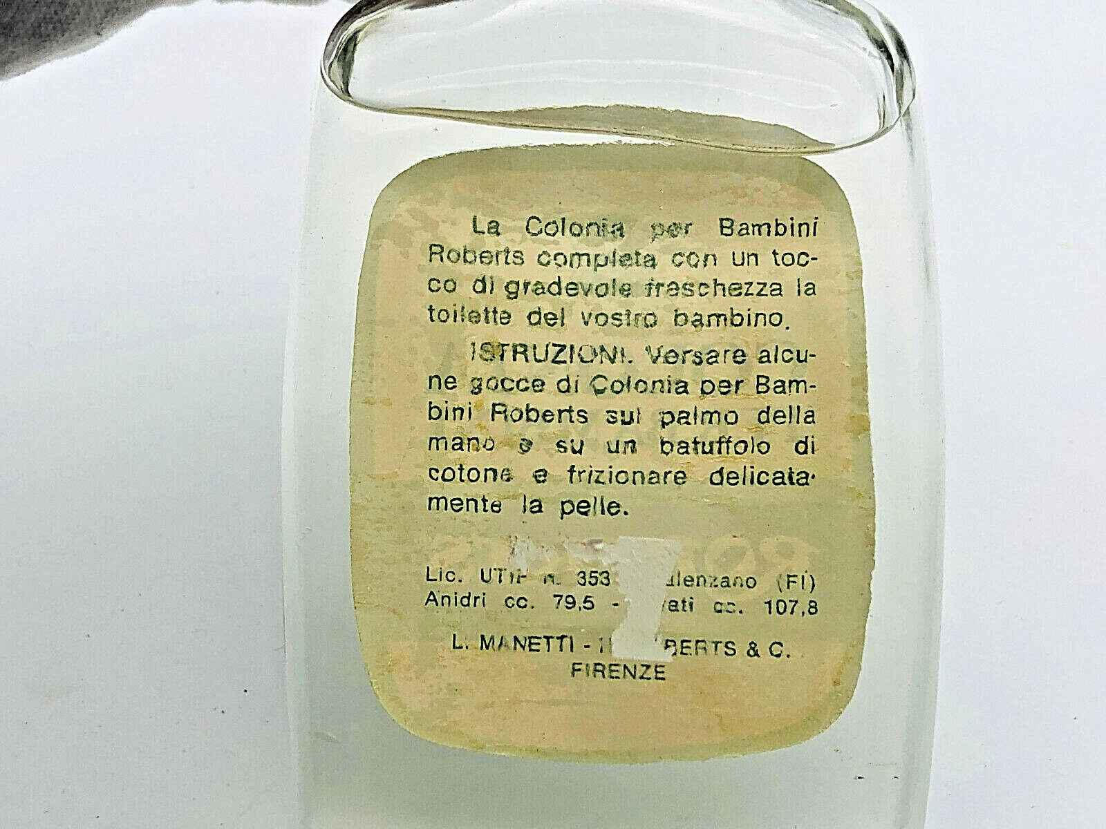 Flacone di Profumo Roberts Colonia Bambini con istruzioni per l'uso e dettagli sulla freschezza