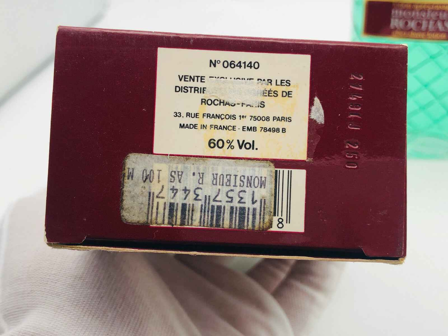 Scatola di Rochas Monsieur Vintage profumo con etichetta e dettagli di vendita