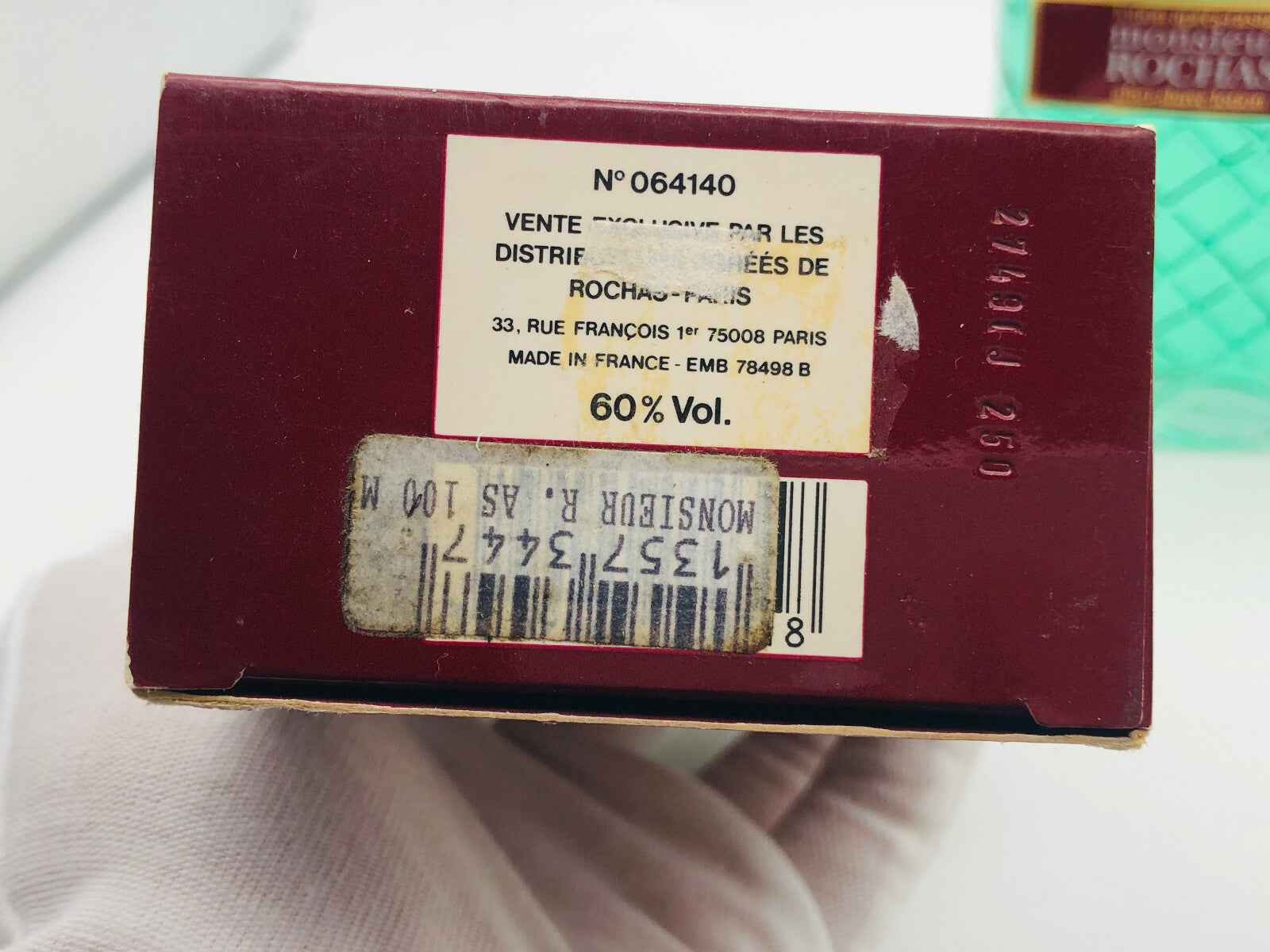 Scatola di Rochas Monsieur Vintage profumo con etichetta e dettagli di vendita