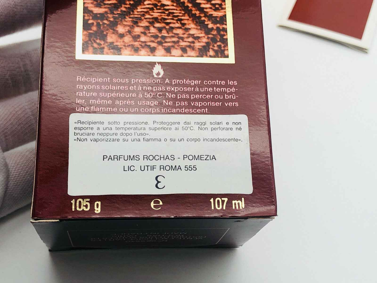 Scatola di profumo Rochas Monsieur Vintage da 107 ml con design elegante e informazioni sul prodotto